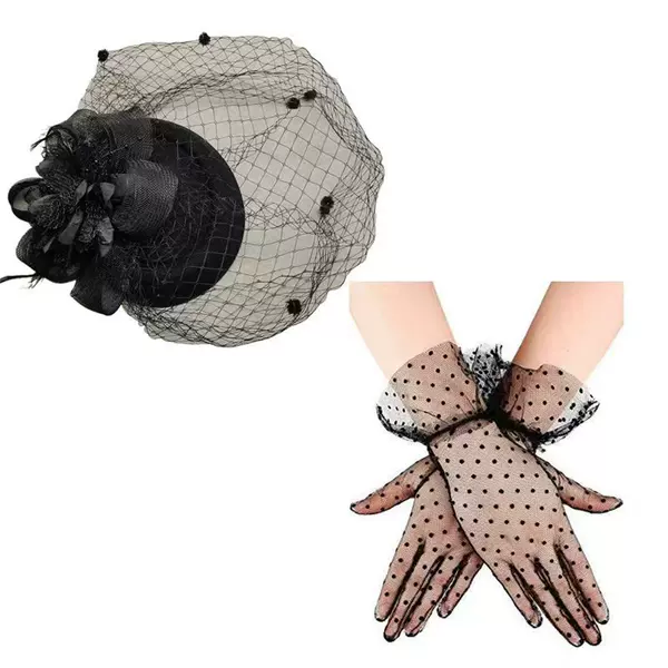 European and American Bridal Headdress Set, Retro Veil, Hat and Gloves, Feather Mesh, Horse Racing Festival Tea Party Headdress