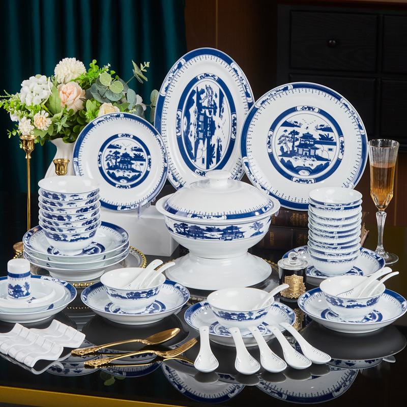 Blue and white phoenix tree Jingdezhen high temperature white porcelain tableware set wedding housewarming national style hand gift underglaze color ceramic bowl