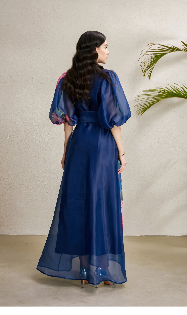 Đầm maxi nữ thắt eo phong cách Pháp tay phồng in hoa lưới — trắng, màu xanh đậm, mơ chi tiết 6