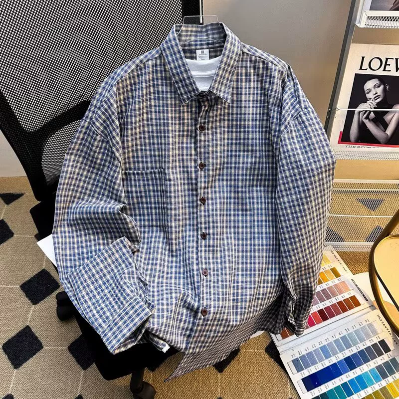 2025 весна и лето в гонконгском стиле клетчатые рубашки для мужчин и женщин свободные повседневные тонкие рубашки с длинными рукавами bf с защитой от солнца клетчатые рубашки