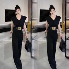 独特优雅时尚女装2024年春夏新品条纹V领露肩修身百搭阔腿连体裤