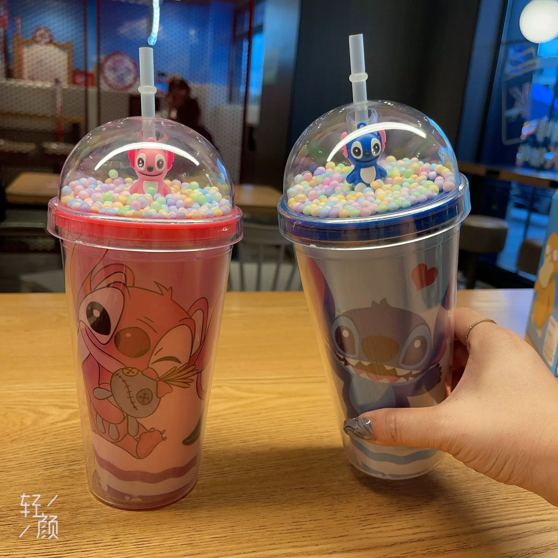 跨境新款高颜值夏季 网红史迪仔卡通塑料水杯吸管水杯双层碎冰杯