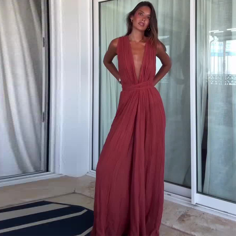 2025 Foreign Trade Amazon Cross-Border European and American New Women's Fashion Halter Neck Backless Sexy Waist-Cinching Chiffon Casual Jumpsuit