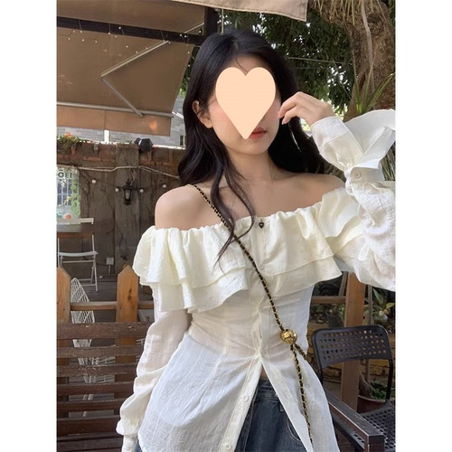 Woman's Summer French-style Collar Shirts with Lotus Leaf Edge, Korean Style Design, Unique and Niche One-Shoulder Waist-Tucking Long-Sleeve Top