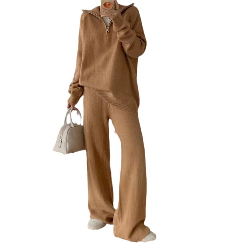 Women’s Korean Style Knit Sweater & Wide Leg Pants Set – Lapel Half-Zip Lounge Suit (One Size, 6 Colors)_voghion.com
