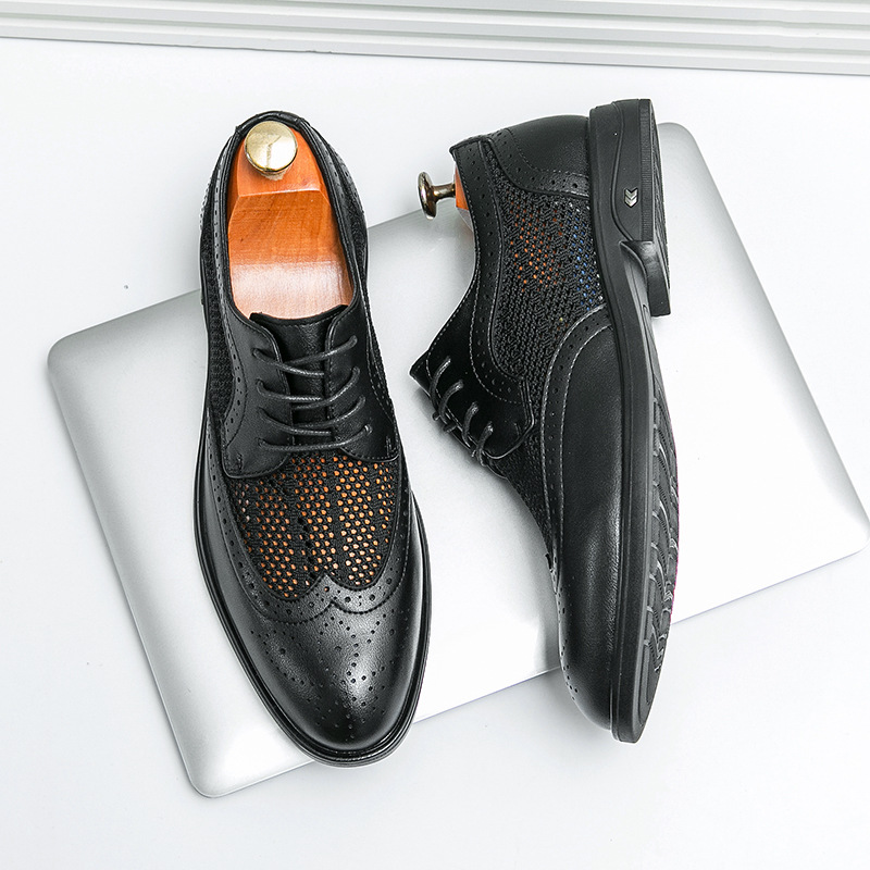Zapatos de cuero casuales transpirables de malla de verano, zapatos de cuero nuevos de moda transfronteriza de gran tamaño para hombres, zapatos de negocios Brock huecos