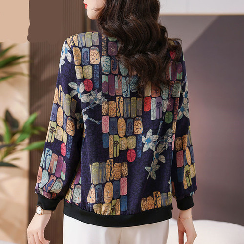 Ice Silk Chiffon Shirt, Fashionable New Chinese Style Summer Large Size Sun Protection Jacket with Print Zipper Short Coat for Middle-Aged Mothers