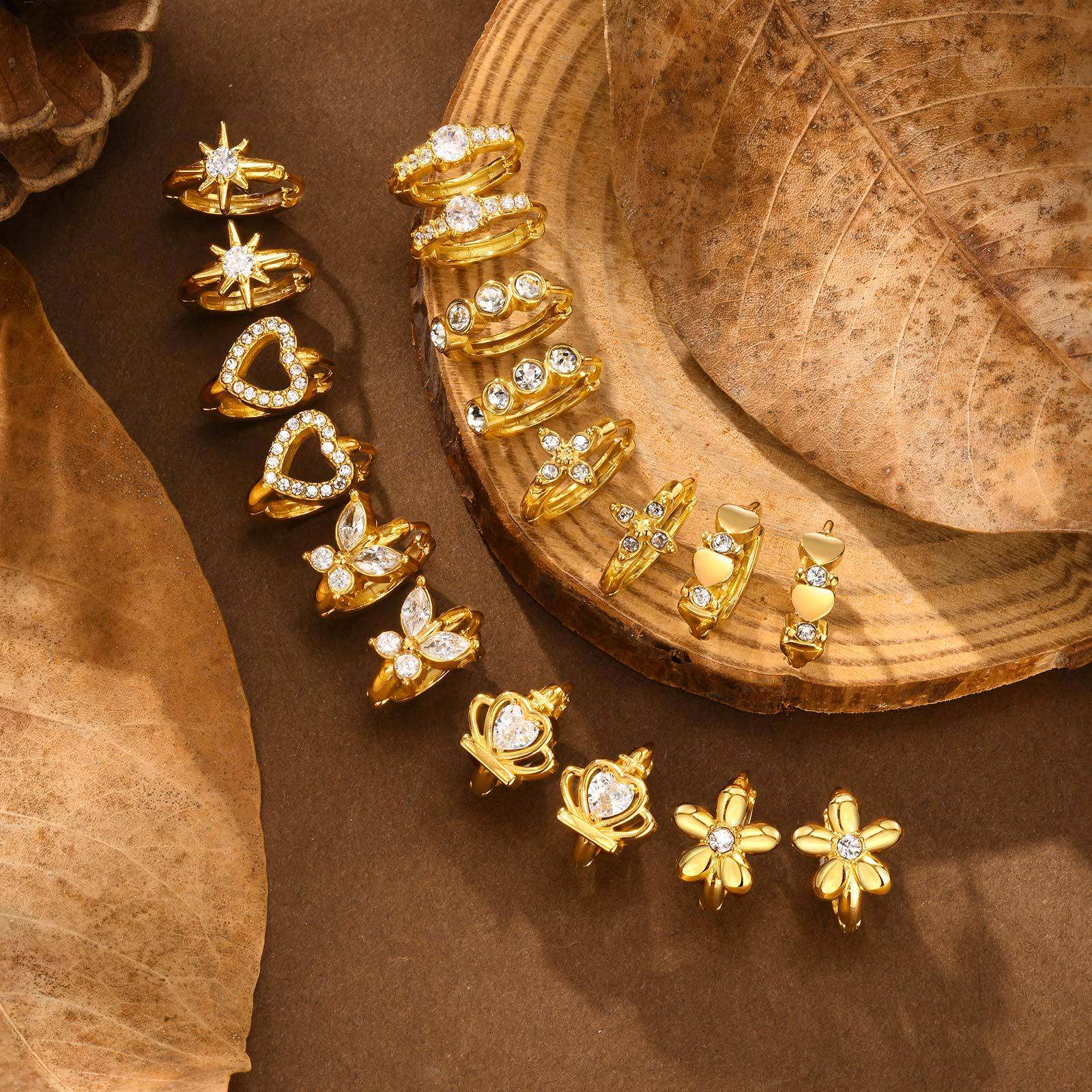 Women's Stainless Steel Imitation Czech Stone Eight-Pointed Star Earrings Gold Heart Butterfly Earrings Retro Earrings Huanmu Jewelry