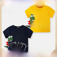 2024新款兒童短袖卡通立體恐龍字母純棉男童T恤寶寶上衣一件代發