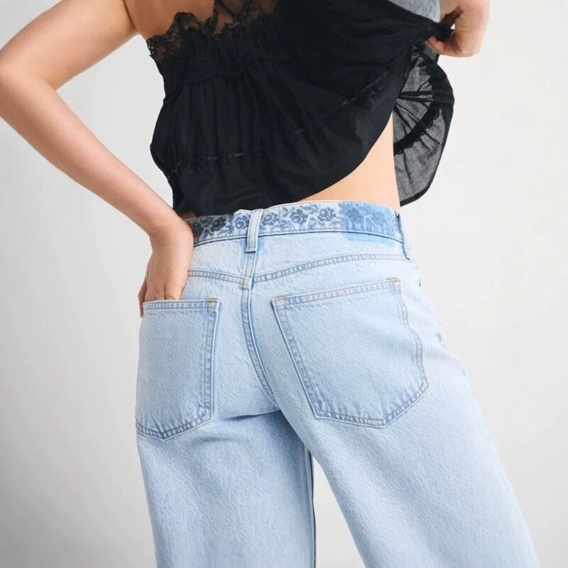 Abercrombie cross-border European and American wholesale foreign trade floral waistband wide-leg jeans for women, high-waisted floor-length pants