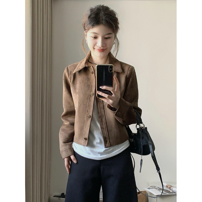 美拉德麂皮绒外套女短款2025秋冬新款复古宽松小个子薄款夹克上衣|undefined
