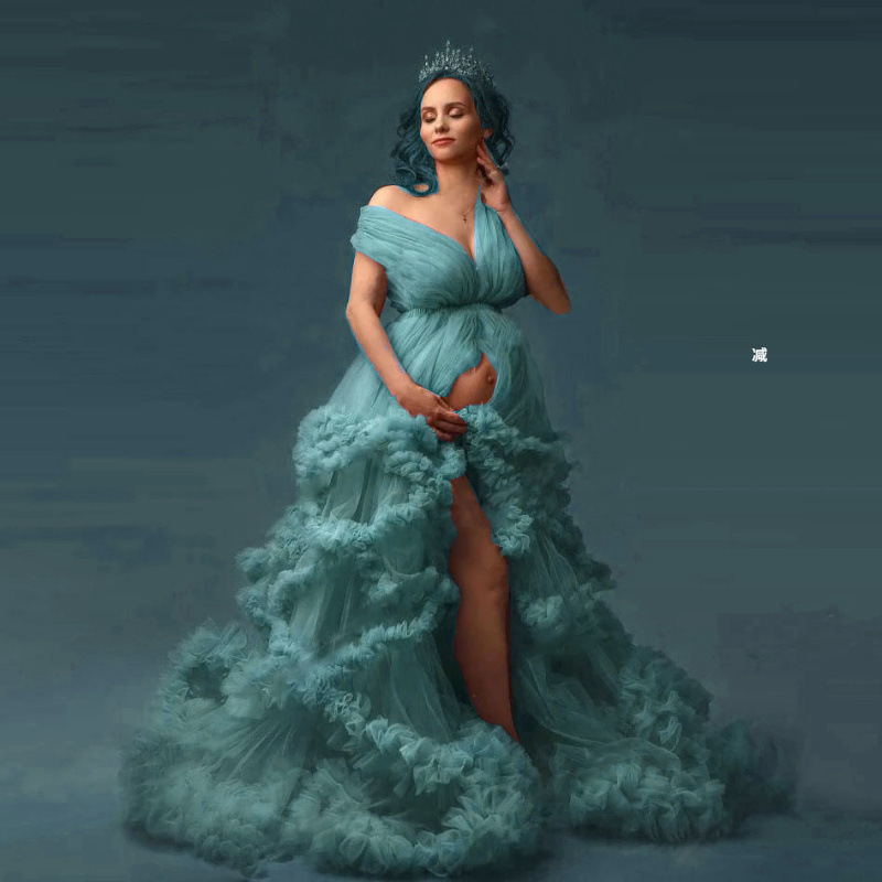 Ball Gown Bridal Dress with Front Slit, Sexy Sheer Maternity Wear, Baby Shower Evening Gown, Photo Shoot Robe