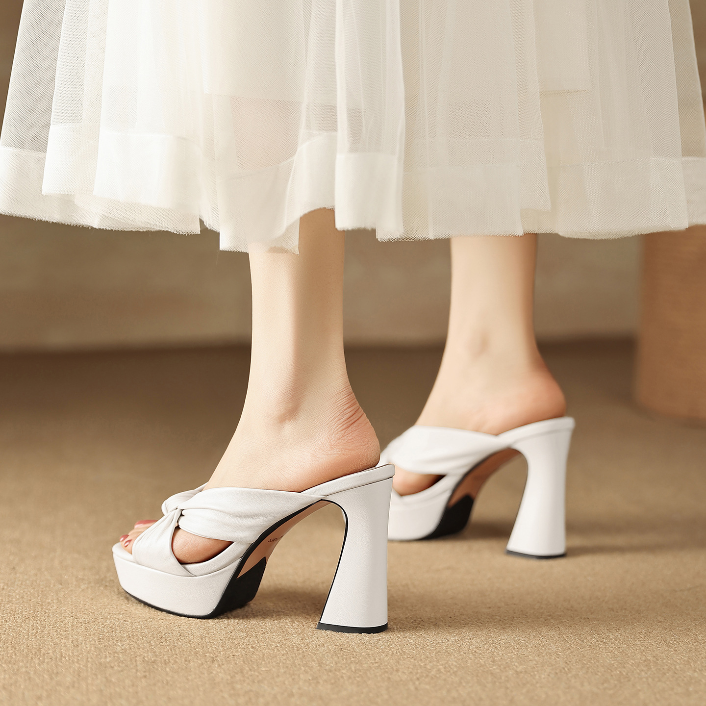 Sandal cao gót nữ mũi hở da cừu mềm, đế xuồng platform, gót vuông 8-10cm, nơ bướm — Hồng 8cm, Xanh da trời 10cm, Hồng 10cm, Trắng kem 8cm