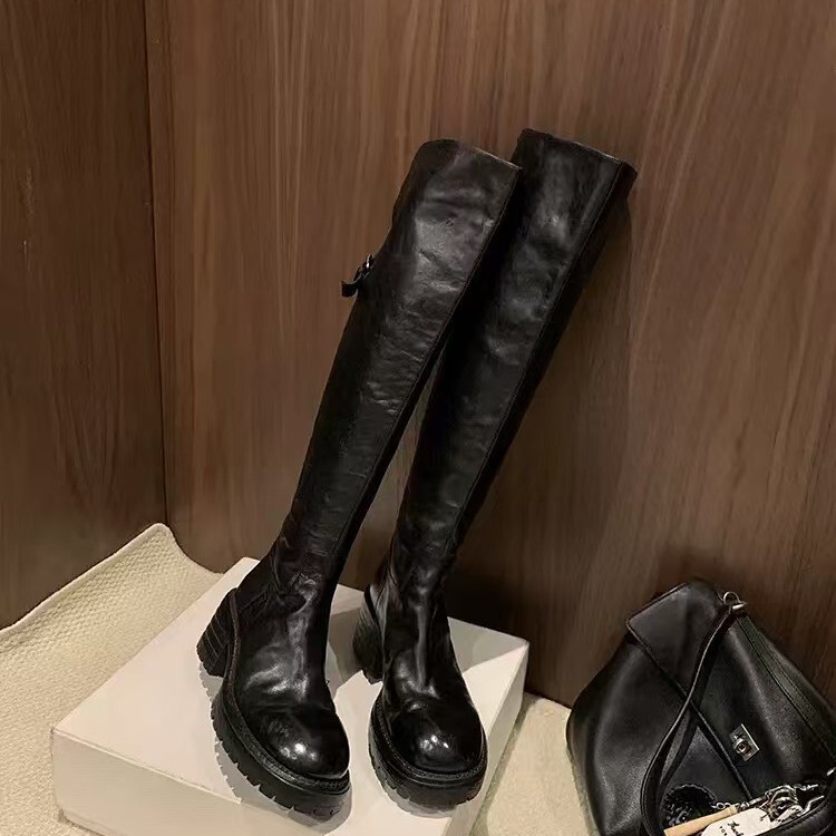 Highly Flattering~6Cm Thick-Soled Pleated Over-The-Knee Long Boots for Women, Round-Toe Chunky Heel High-Tube Riding Boots, Long Slim-Fit Women's Boots Highly Flattering~6Cm Thick-Soled Pleated Over-The-Knee Long Boots for Women, Round-Toe Chunky Heel High-Tube Riding Boots, Long Slim-Fit Women's Boots