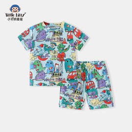 2025年夏季儿童卡通动物短袖短裤套装男童时尚潮流印花中小童服装