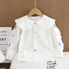 女童长袖白衬衫2025新款韩系女孩学院风内搭刺绣女大童秋装衬衣秋