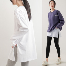 春秋圆领白色长款宽松长袖t恤女洋气卫衣内搭叠穿开叉打底衫上衣