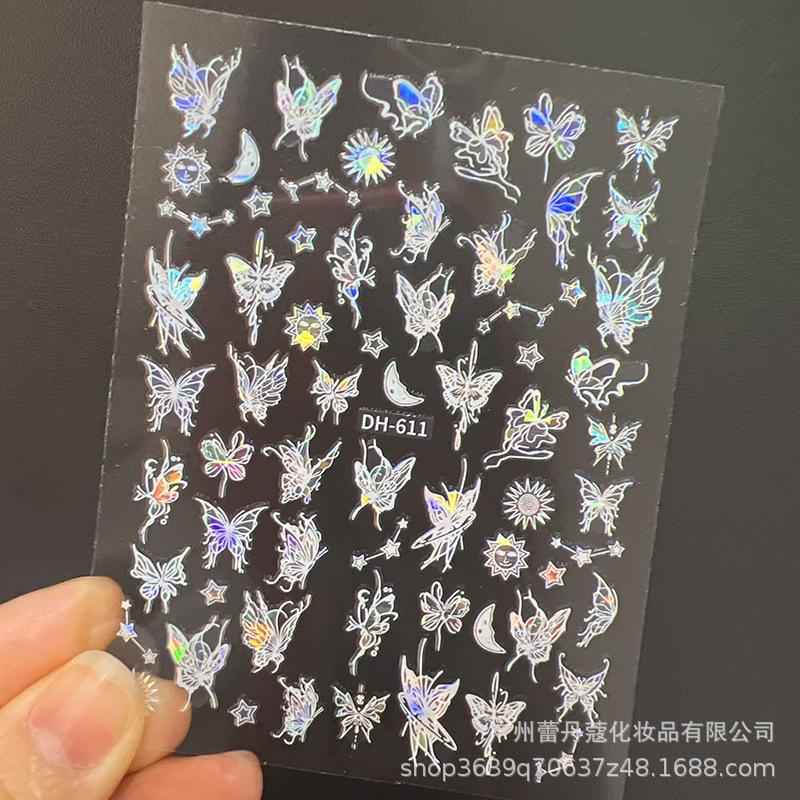 Pegatinas de uñas populares elegantes pétalos blancos semitransparentes mariposa fragmentos de vidrio de Aurora de colores con pegatinas adhesivas para uñas