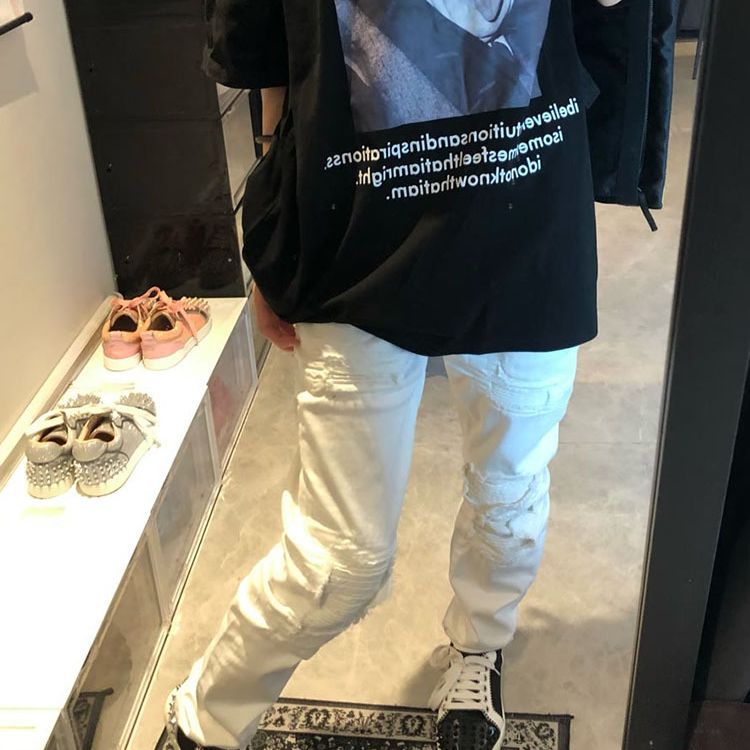 Men's Clothing high street fog style trend hole pleated jeans men and women the same style all match casual all match_voghion.com