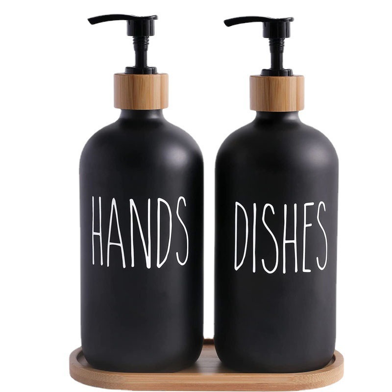 Botella de vidrio tipo Boston blanco/negro con bomba de bambú, para gel de baño o jabón de manos, recargable, venta en Amazon transfronterizo