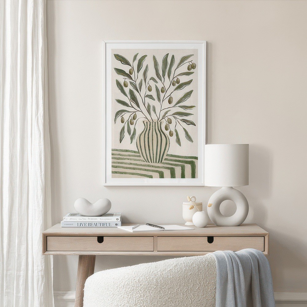 Flor verde nórdica ramas de olivo vaso pintura decorativa sala de estar sofá fondo pared de plantas pinturas colgadas de arte simple image 4