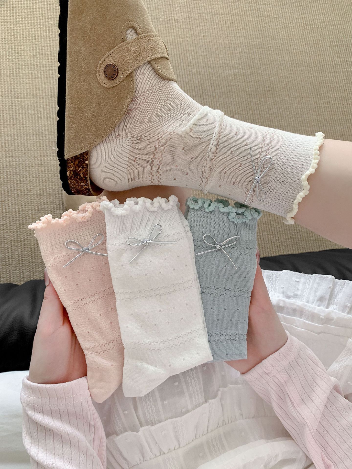 Sweet Balletcore Pointelle Cotton Silver Bow Ruffle Crew Socks For Romantic Outfits Detail View 1
