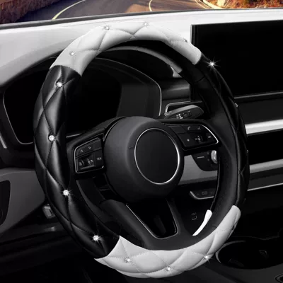 Steering wheel cover — with Shiny - black-and-white-with-diamonds-38cm