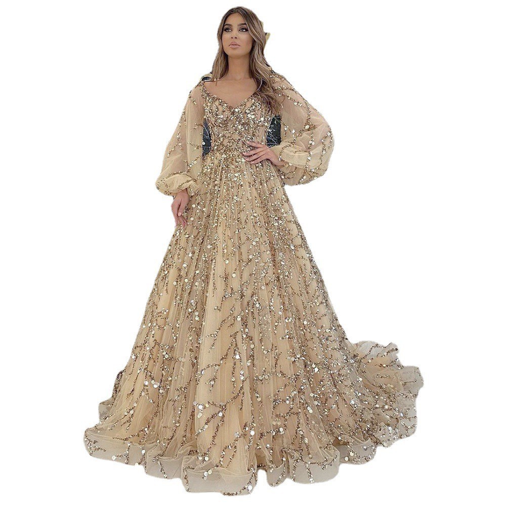Vestido de Noche Largo de Lujo con Cuentas Doradas, Estilo Nuevo Transfronterizo 2025, Sexy, con Aura de Socialité, Modelo SM7109 image 7