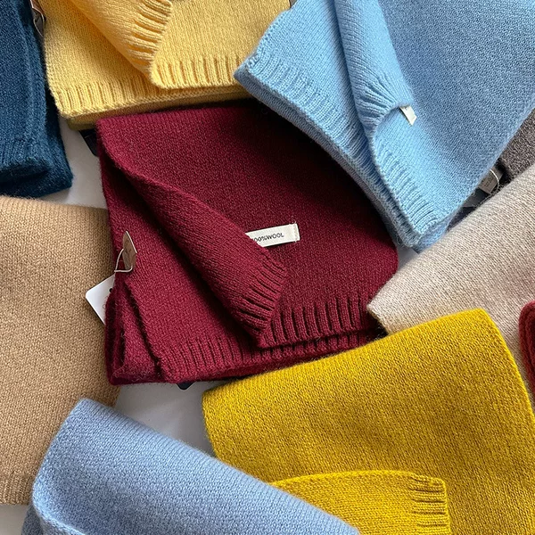 100 Australian Sheep Wool Small Scarf Women's Winter Solid Color Knitted Scarf Korean Style Thickened Warm Neck Neck Protection