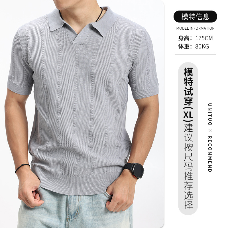 Hombre de verano pozo hielo jersey polo hombre V-flop delgado sentido de alto nivel de negocios casual chaqueta de hombre