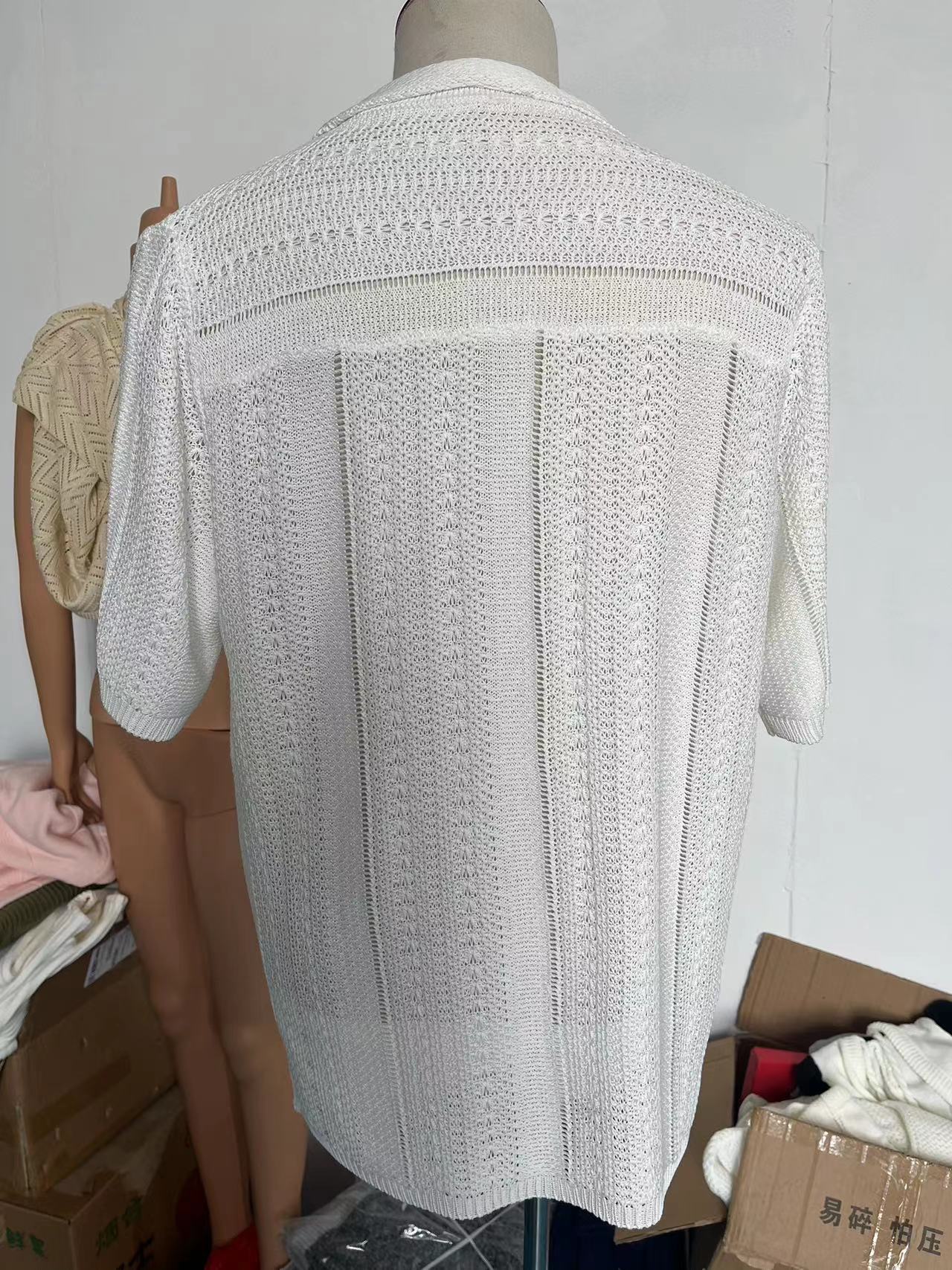 European and American fashion summer new men's casual knitted cardigan, white short-sleeved top, men's shirt, hollowed-out men's clothing pic 24