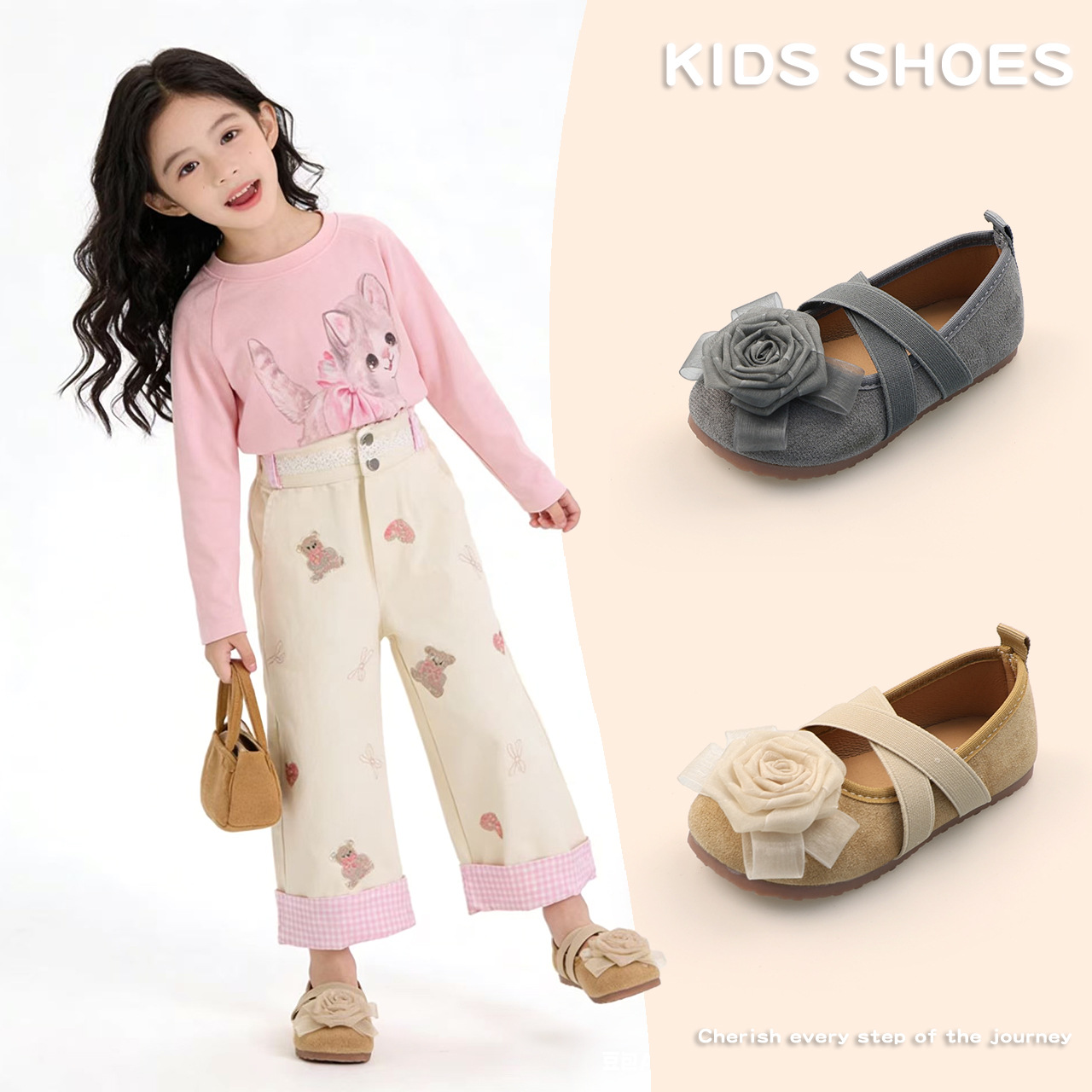 Children's Retro Flat Shoes 2026 Spring and Autumn Shallow Cross-Strap Girls' Ballet Shoes with Floral Chinese Style