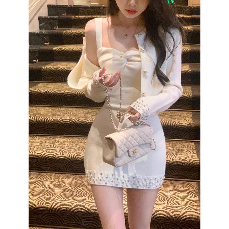 Two-Piece Women's Autumn New Niche Short Sweater Jacket Fashion Hot Girl Bodycon Knit Camisole Dress Set