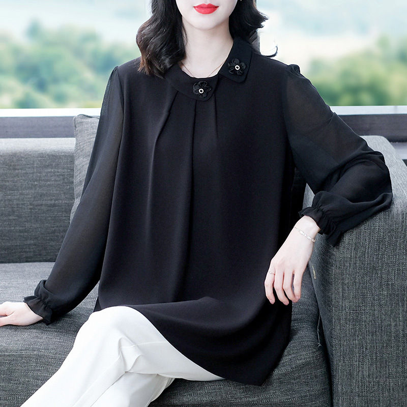 Spring New loose plus size design round neck long sleeve chiffon 40-year-old mother chiffon shirt middle-aged and elderly women's clothing