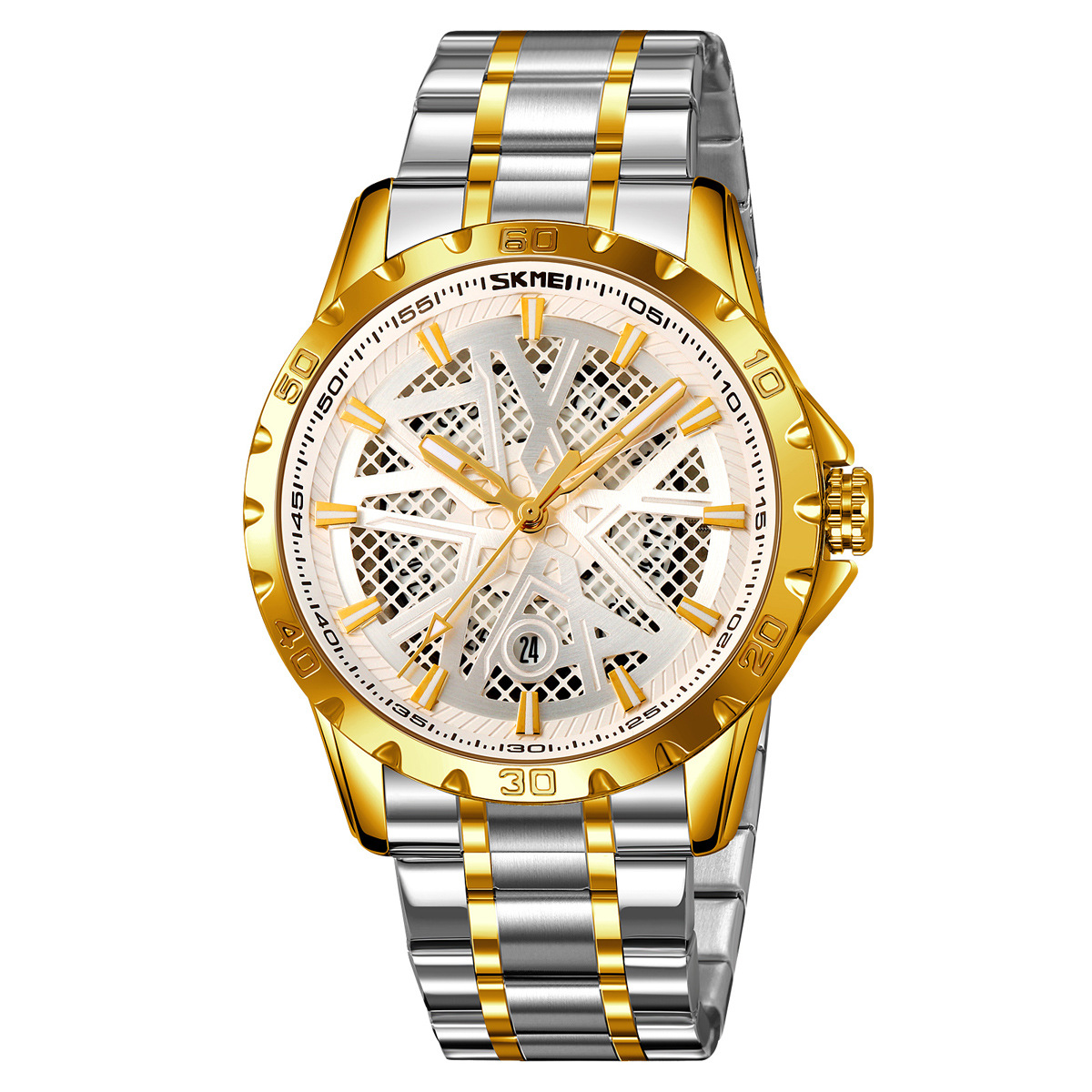 Momento de reloj de hombre redondo hueco correa de acero impermeable calendario reloj de pulsera simple reloj de cuarzo comercial al por mayor transfronterizo