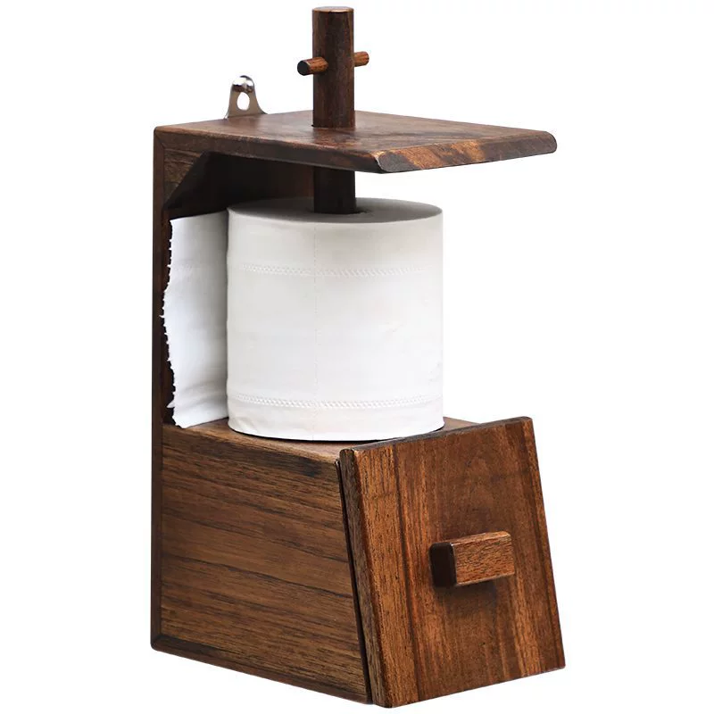 Thai Solid Wood Retro Wall-Mounted Roll Paper Holder, Creative Bathroom Tissue Box & Storage Rack
