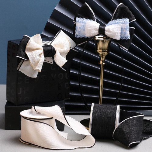 Korean style soft black and white bright silk vertical pattern ribbon DIY bow hair accessories flower shop flower packaging straw hat decoration
