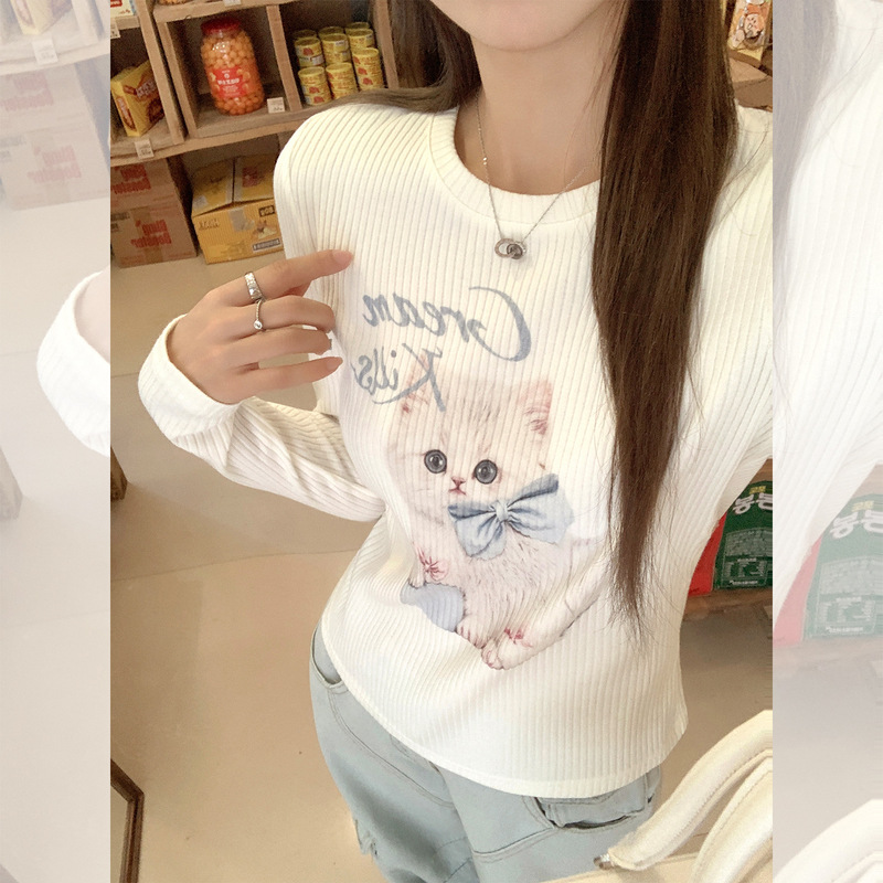 Cat Print Design White Base Layer Long-Sleeve T-Shirt for Women, Early Autumn 2026 New Slim-Fit Top