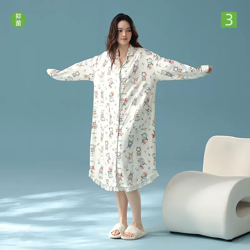 【抗菌新疆棉】秋季a类纯棉长袖花边睡裙童趣兔子女士宽松家居服