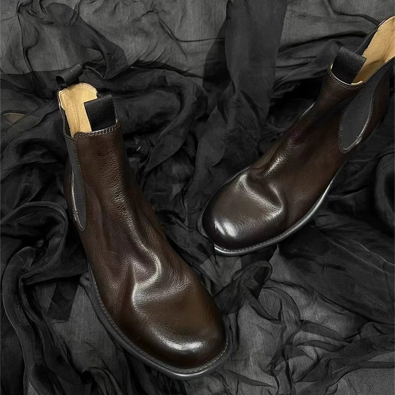 牛革版 ~ チェルシーブーツ茶色本革レトロ古いしわショートブーツ2024年英倫風ブーツマーティンブーツ