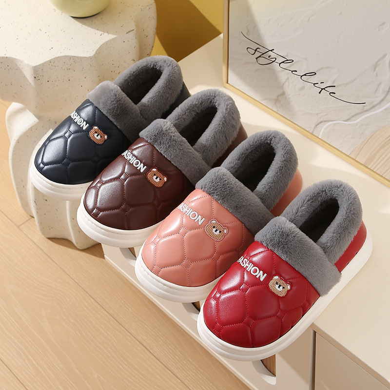 3.5CM厚底、ヒール付き、綿入りスリッパ、女性用、25新作、PUレザー、防水、秋冬、産後、屋外でも履ける、男性用、毛皮スリッパ|undefined