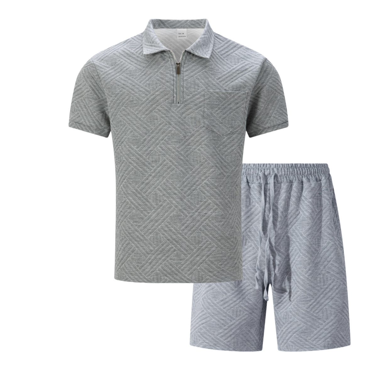 Zweiteiliges Herren-Set aus Waffelstrick, einfarbig, Sommer, Kurzarm, Shorts mit Tasche und Jacquard-Kragen._voghion.com