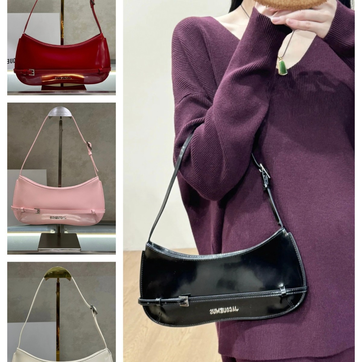 欧美新款法式漆亮面复古法棍腋下包单肩斜挎包手拎包婚包中古女包