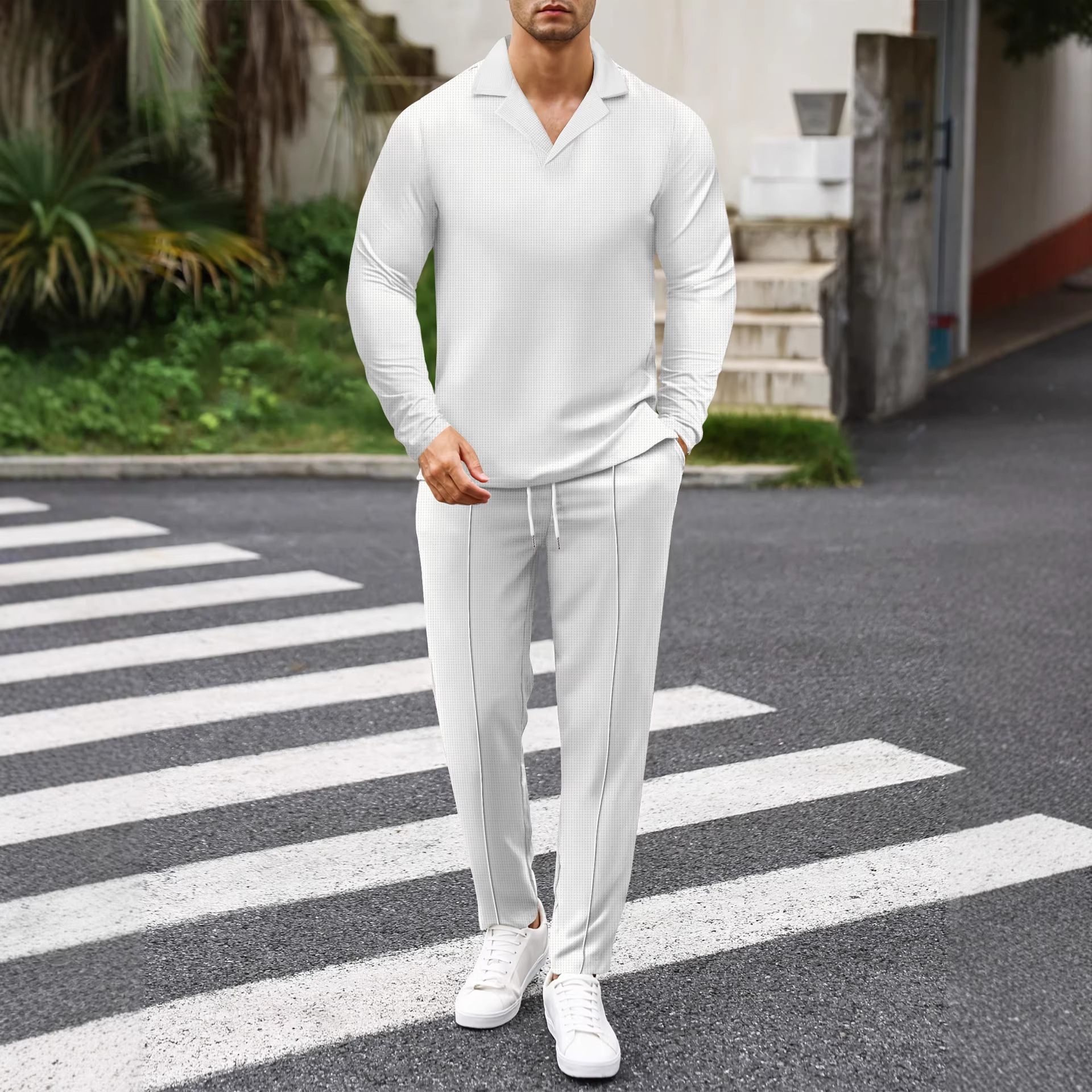 Herren Waffelstrick Business Anzug Set Mit Kragen Und Bindung_voghion.com