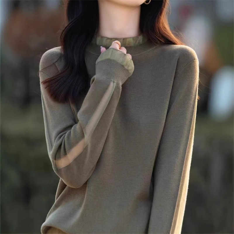 High-Quality Imitation Wool Tops for Women, Spring and Autumn 2025 New Stylish Knitted Lace Trim Base Shirt for Women
