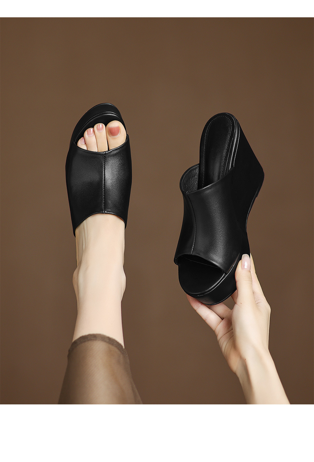 Sandal cao gót đế xuồng nữ hở mũi quai ngang gót 10 cm — Đen [da cừu] chi tiết 9