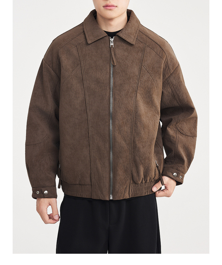 Áo khoác nam da PU mờ phối cotton cổ trụ kiểu Old Money — Màu nâu sẫm chi tiết 18