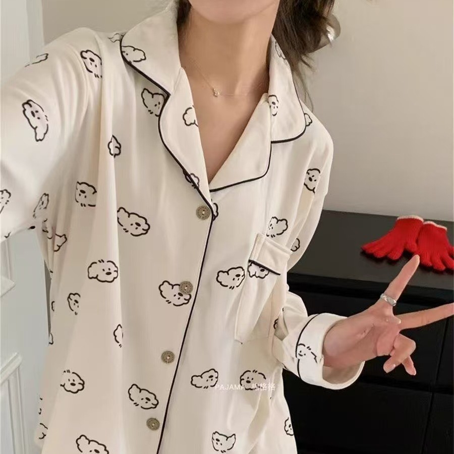 工厂批发云朵棉长袖长裤翻领印花卡通开衫ins风可爱睡衣女家居服