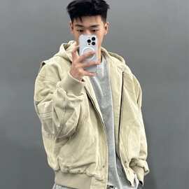 卡其色短款外套男春秋款美式复古工装连帽棒球服感哈灵顿夹克
