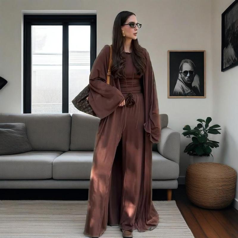 In-Stock 2025 Spring New Cross-Border European and American Foreign Trade Women's Round Neck Long-Sleeve Wide-Leg Pants Elegant Commuter Suit